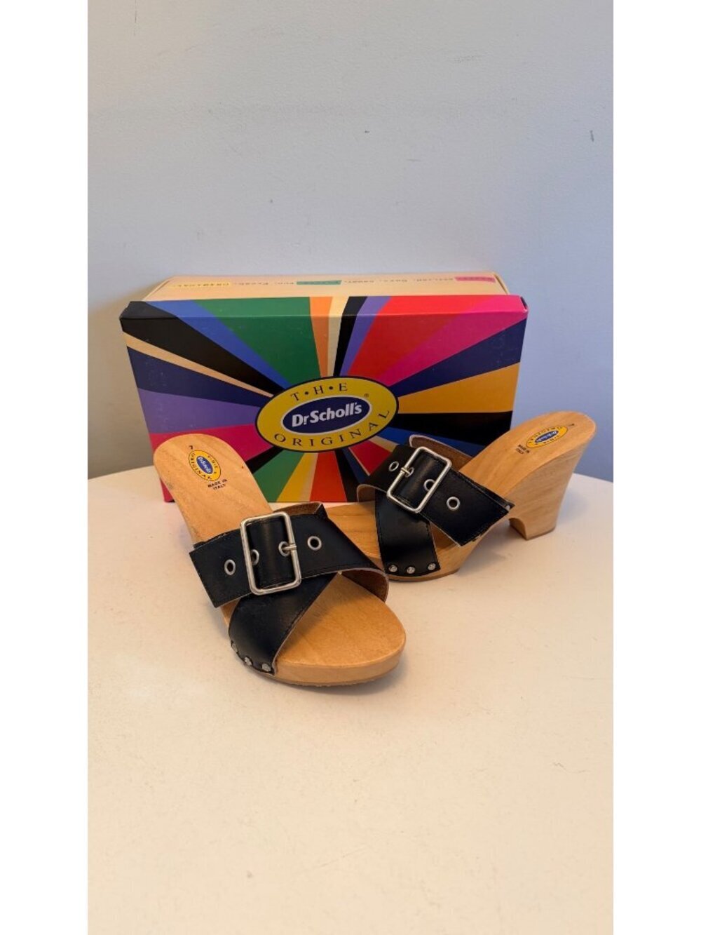 Dr Scholls Women Size 7 Wood High Heel Clog Sandal Black Leather New Italy